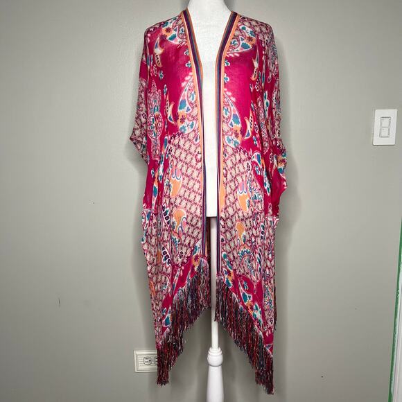 Chico's Colorful Pink Kimono Cover-Up Linen Blend Boho Fringe Beach Resort L/XL - Picture 2 of 11